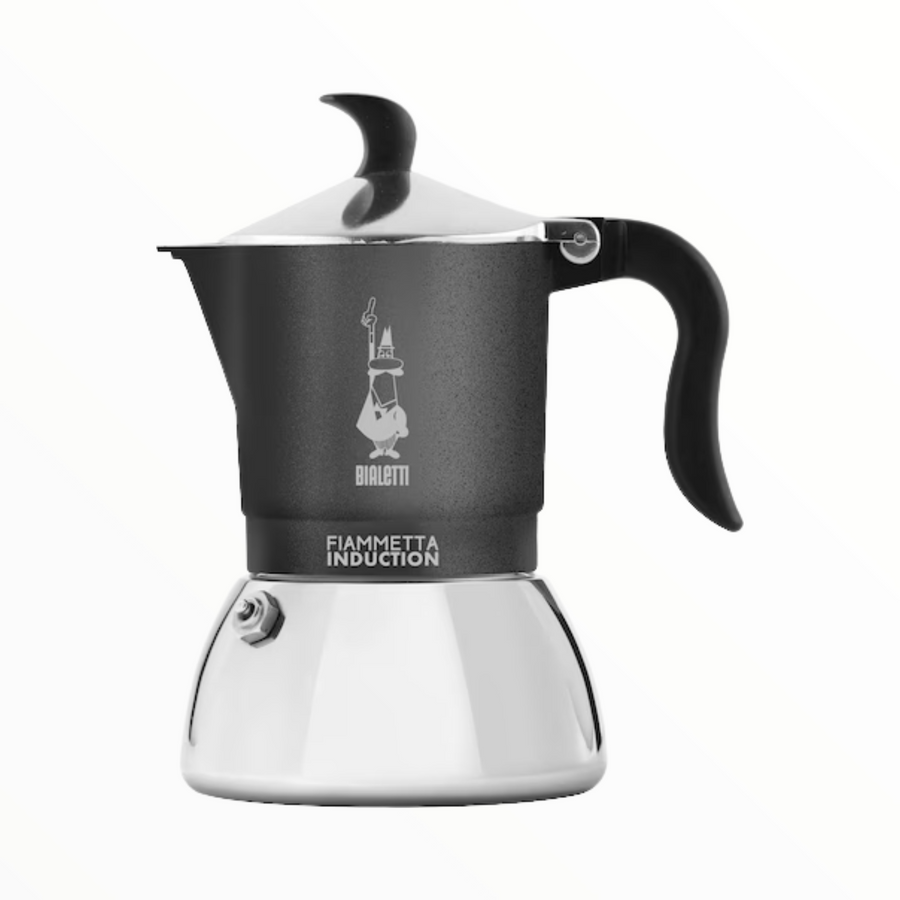 Caffettiera Bialetti Fiammetta Induzione 2 Tazze in grigio con base in acciaio, compatibile con piani a induzione. Design moderno e compatto.