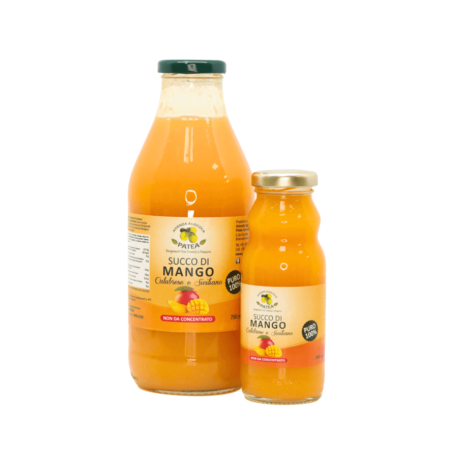 Succo Mango Calabrese Siciliano 100% naturale Patea in bottiglie di vetro, ricco di vitamina C e minerali, senza conservanti.
